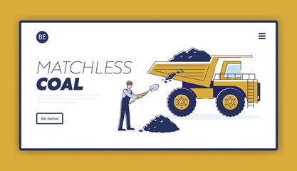 Concept Of Coal Mining. Website Landing Page. Worker Is Loading Coal In The Back Of The Truck For Further Delivery To Warehouses And Plants. Web Page Cartoon Linear Outline Flat Vector Illustration
