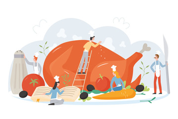 Team culinary specialist cooks giant turkey flat character vector illustration concept. People around dish with big carrot, tomato, olive, saltshaker. Traditional food for Thanksgiving Day, Christmas