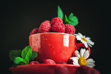 Raspberry in a red cup with chamomile and leaves on a dark background. Summer and healthy food concept. Selective focus.