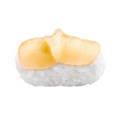 Japanese food: delicious Hotate (scallop) Nigiri Sushi isolated on white background.