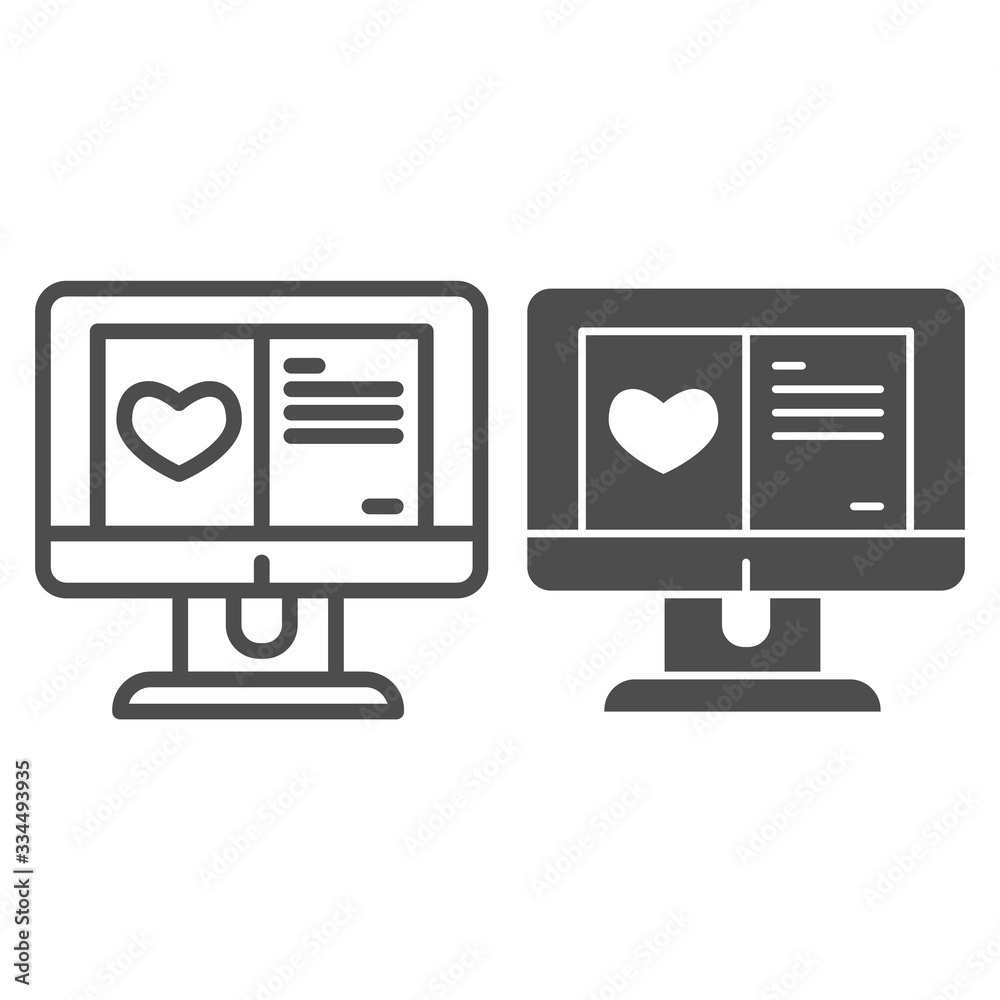 Fototapete Greeting card on computer line and solid icon. Heart shape and text layout symbol, outline style pictogram on white background. Valentines day sign for mobile concept and web design. Vector graphics.