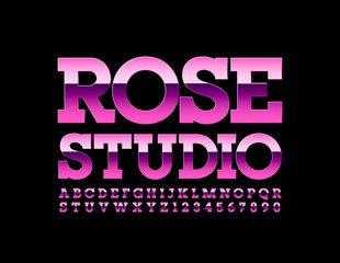 Vector shiny emblem Rose Studio with pink metal Font. Modern elegant Alphabet Letters and Numbers