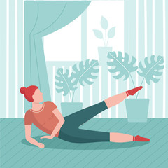 Young woman practices yoga at home. The concept of prevention of coronavirus, isolation and quarantine. Prevention of an epidemic. Stay home and do sports. Flat vector illustration.