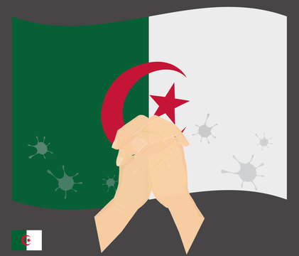 Praying hands with Covid-19 or novel coronavirus stained on the National Flag of the Algeria, Pray for Algeria, Save Algerian people concept, sign symbol background, vector illustration.