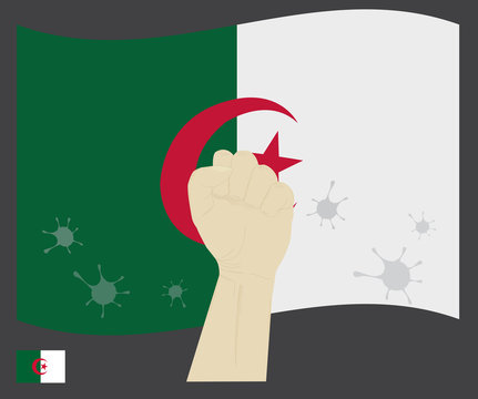 Fist power hand with novel coronavirus or COVID-19 virus stained on the Algeria National Flag, Fight for Algerian people concept, sign symbol background, vector illustration.