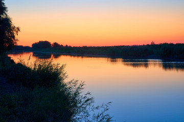 Naklejka na ściany i meble Nature Landscape of Atyrau region. Ural river at sunrise. Kazakhstan. Asia.