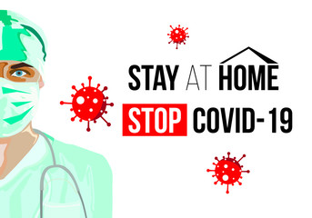 Coronavirus (Covid-19 or 2019-ncov). Doctor or nurse, dangerous virus vector illustration and inscription 