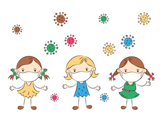 Kids wearing protective medical masks and gloves from virus. Cute cartoon girls. Healthcare concept. Health, hygiene, virus protection. Vector illustration