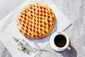 Chicken pie and cup of espresso. Men's food, food delivery, recipes.
