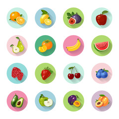 Set of round flat fruits icons. Oranges, lemon, figs, apple, pear, persimmon, banana, watermelon, raspberry, strawberry, cherry, blueberry, avocado, plum, peach