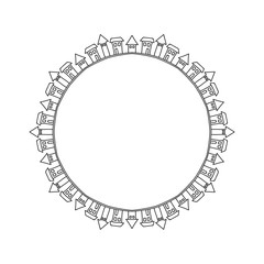Decorative frame with ornamental houses. Buildings in circle. Hand-drawn house images in doodle style