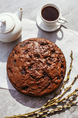 Chocolate cake with cherries. Homemade pastries with berries.