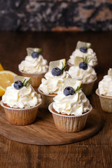 Cupcake with white cream and blueberries.
