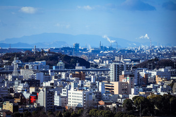 Naklejka na ściany i meble Panoramic View to the Himeji City from the Castle Hills, Japan