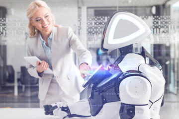smiling businesswoman operating robot while holding digital tablet, cyber illustration