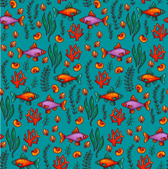 Fish aquarium sea ocean underwater seamless vector pattern
