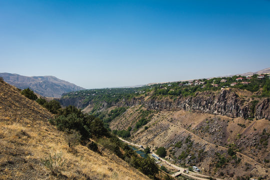 Landscape view from Havuts Tar monastery ruin in sunny day near Garni temple, Armenia