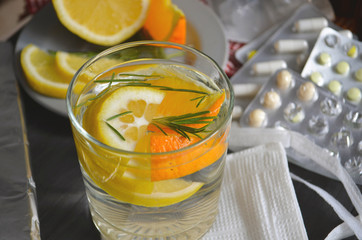 Pills and antiseptics of pharmaceutical medicine. Food to protect immunity. The concept of medicine, hygiene and healthcare. Coronavirus. top view, copy space. Face mask, surgical mask. Flu season.