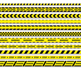 Caution lines isolated. Warning tapes. Danger signs. It is written on tapes not cross, warning, caution, stop, denger.