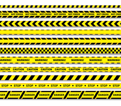 Caution lines isolated. Warning tapes. Danger signs. It is written on tapes not cross, warning, caution, stop, denger.