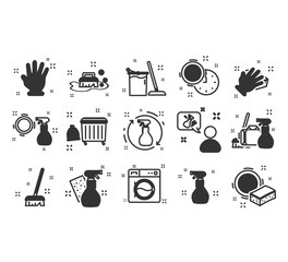 Set of cleaning related vector flat line icons. Cleaning line icons. Brush, equipment, broom, household, service. Vector illustration