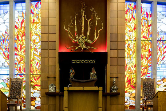 Aron Kodesh Of Jewish Synagogue With Flaming Bush Sculpture and Stained Glass
