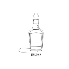 Bottle whiskey in hand drawn style. Restaurant illustration for celebration design. Retro sketch. Line art. Design element. Beverage outline icon. Isolated on white background in graphic style