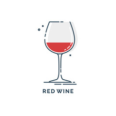 Glass red wine line art in flat style. Restaurant alcoholic illustration for celebration design. Design contour element. Beverage outline icon. Isolated on white background in graphic style