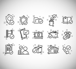 set of checkmark vector line icons, contains such as check, document and more. Included the icons as correct, verified, certificate, approval, accepted, confirm, check List and more.