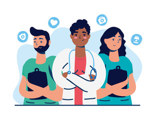 group of doctors staff with medical icons