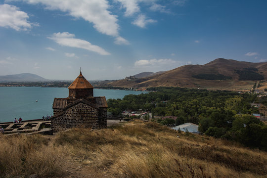 Old Sevanavank monastery top view with Sevan lake in sunny day, Armenia