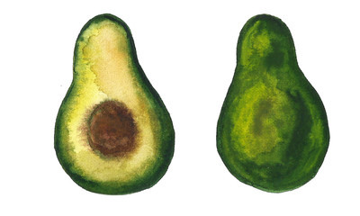 Hand drawn bright watercolor fruit set. Food illustration with lemon, banana, avocado, peach