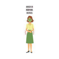 Woman suffers from nausea or abdominal distress flat vector illustration isolated.
