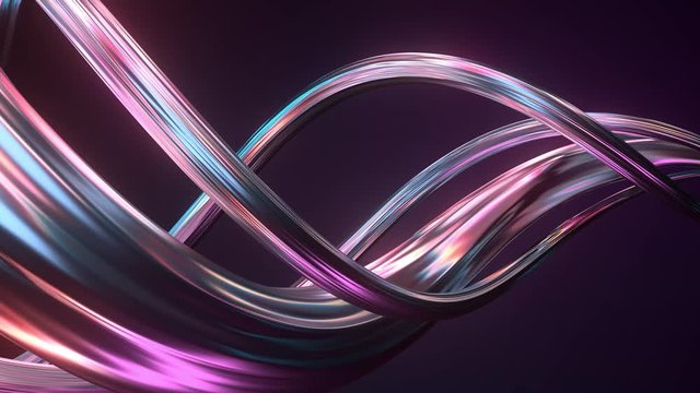 3d render of twisted shape made of chrome material. Iridescent  colorful reflections. Loopable animation.
