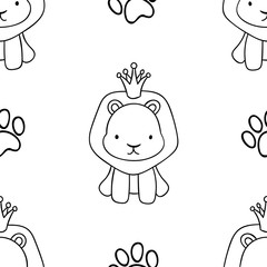 Simple seamless pattern, black and white cute kawaii hand drawn lion doodles, coloring pages