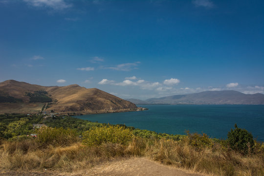 Sevan lake with blue water biggest lake in Armenia shot from Sevanavank monastery
