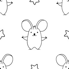 Simple seamless pattern, black and white cute kawaii hand drawn mouse doodles, coloring pages