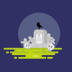 Halloween. Flat. Halloween. Vector illustration on a color background. Flat design style. Icon of a tombstone with a skull. On the gravestone sits a black crow. Detail cemetery.