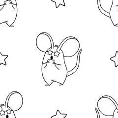 Simple seamless pattern, black and white cute kawaii hand drawn mouse doodles, coloring pages