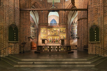 Altar of St. Mary's Church in Helsingborg, Sweden. The polyptych altarpiece was created in the 15th...