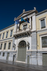 Fototapeta na wymiar The building of the National Bank of Greece, Athens, Greece, April 2020: Neoclassical landmark building in Athens