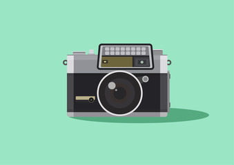 Retro camera in a flat style on a colored background. Old camera design. Vintage film camera. Vector illustration. Analogue 35mm camera
