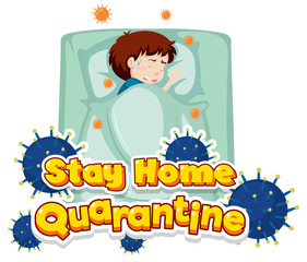 Font design for word quarantine with boy sick in bed