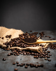 Coffee beans with wooden spoon