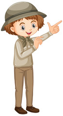 Girl in safari outfit pointing finger on white background