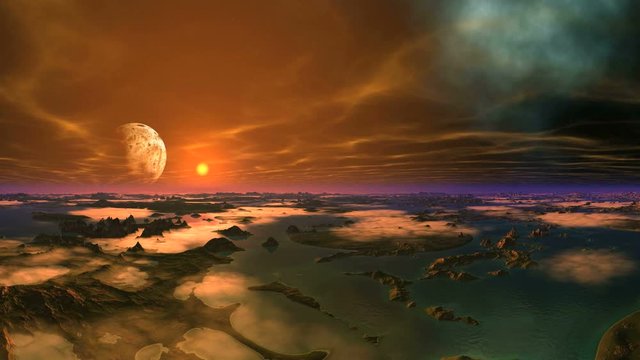 Alien Planet Landscape. Rocky mountains stand among the water. Above them are low orange clouds. In the dark starry sky the moon, bright sun and nebula. Slowly floating clouds.