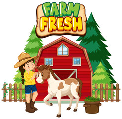 Obraz na płótnie Canvas Font design for word fresh farm with farmer and horse