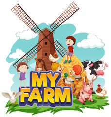 Font design for word my farm with many kids and animals