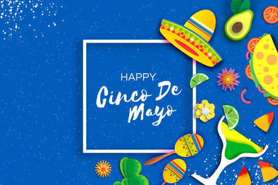 Happy Cinco de Mayo Banner. Sombrero hat, fan, tacos and nachos. Coctail and flowers in paper cut style. Mexico, Carnival. Square frame. Space for text. Blue background.
