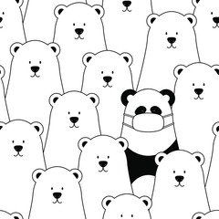 Vector seamless pattern. Polar bears and panda in a disposable mask. Coronavirus infection protection concept. Precautions during an epidemic.